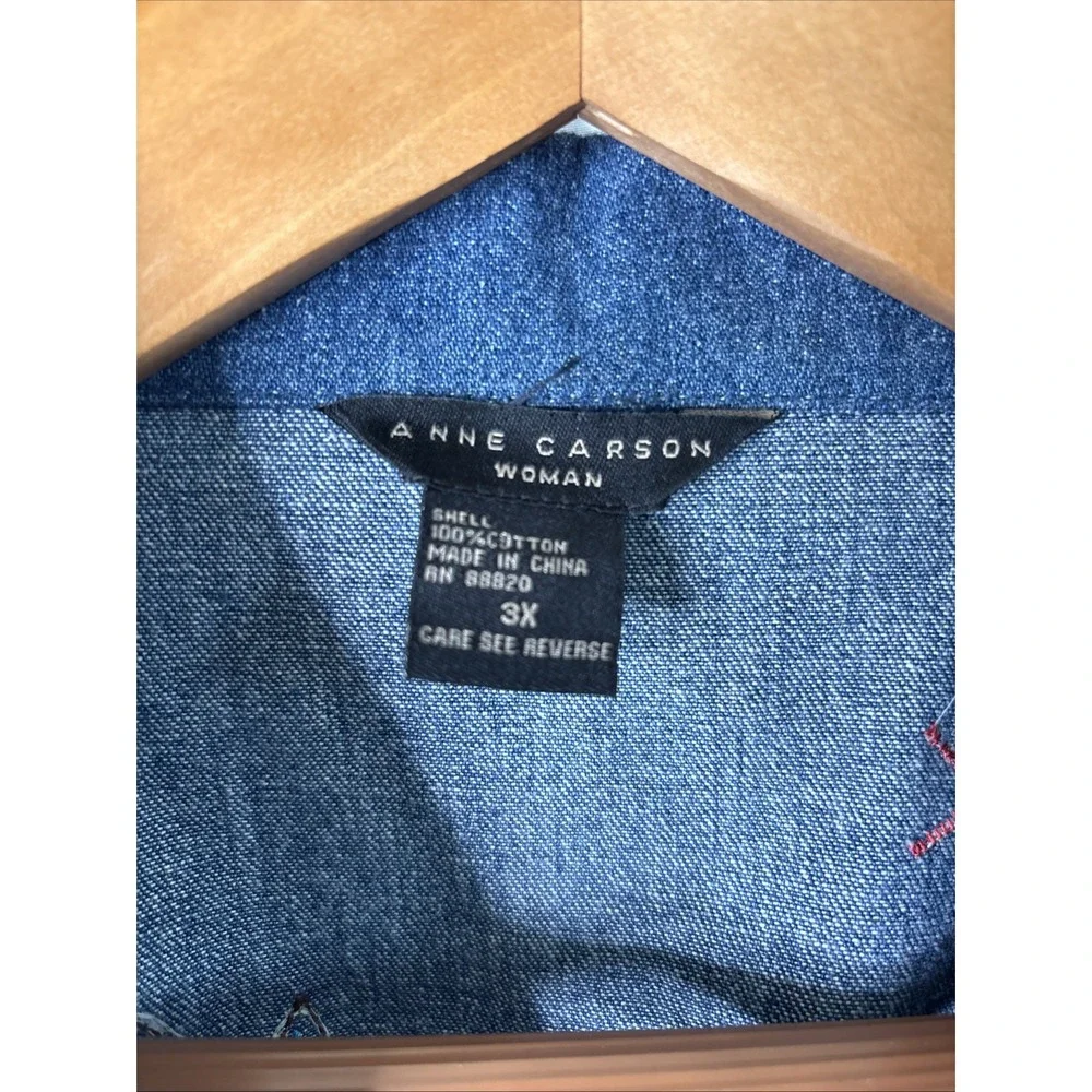 Anne Carson Blue Denim Jean Jacket Women's 3X‎ Embroidered Colorful Abstract
